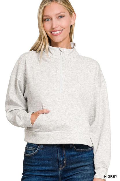 Zenana Scuba Half Zip Pullover With Kangaroo Pockets