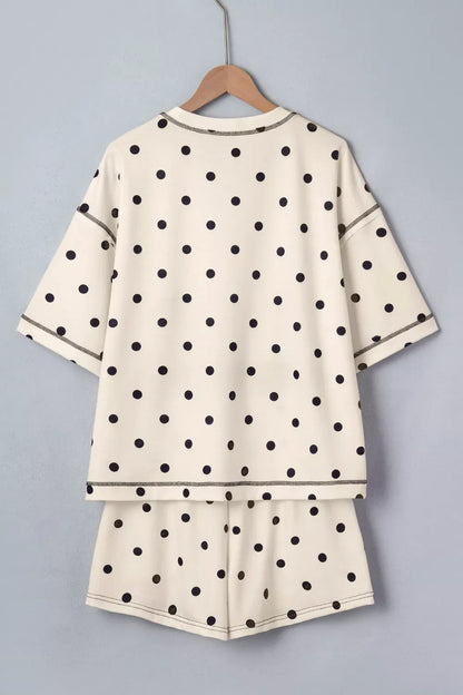 Exposed Seam Detail Polka Dot Loose Tee Drawstring Shorts Set