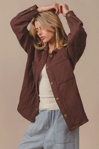 BiBi Quilted Wrinkle Gauze Long Sleeve Shacket