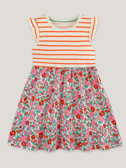 Children's Striped Floral Print Ruffle Sleeve Dress