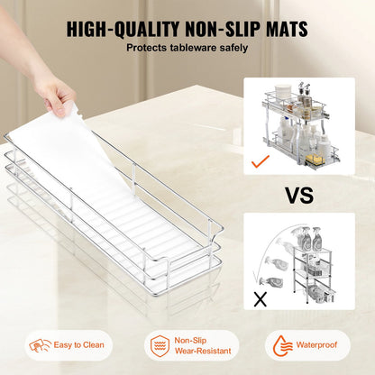 2-Tier 8.5"Wx21"Dx15"H Wire Pull Out Cabinet Under Sink Organizer Drawer Basket, 10"Wx22"Dx18"H  Install Size For Cabinet