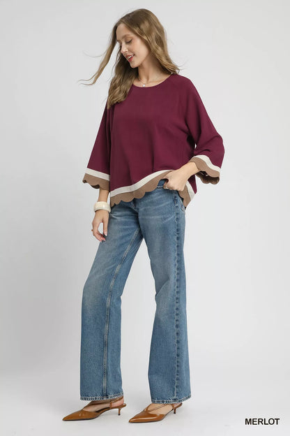 Umgee Scalloped Hem Color Block Top