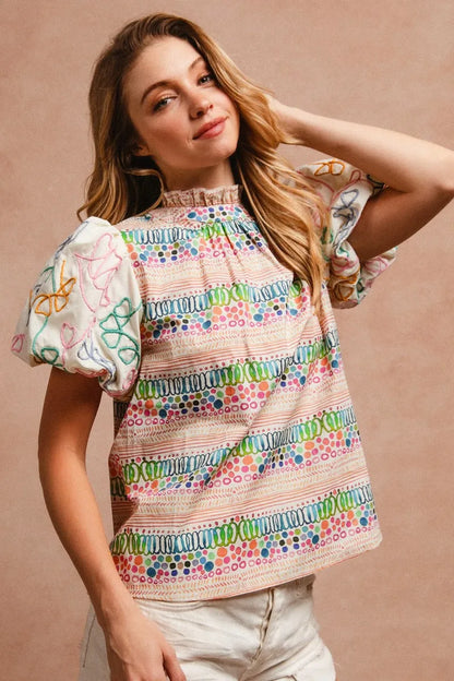 BiBi Ruffle Neckline Blouse With Embroidery Bubble Sleeve