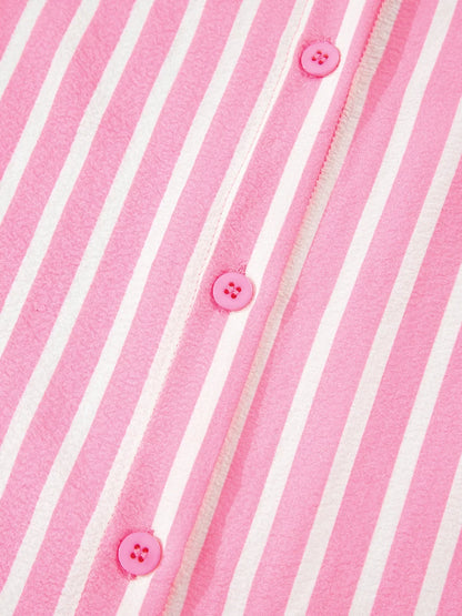 Stripe Buttoned Front Long Sleeve Top and Pants 2 Piece Sleepwear