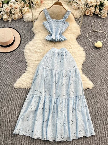Smocked Crop Top and Hollow-Out Skirt Set