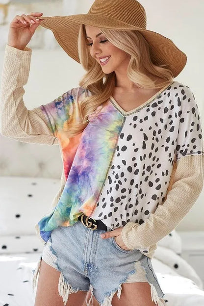 BiBi Print Block V Neck Top with Contrast Stitching