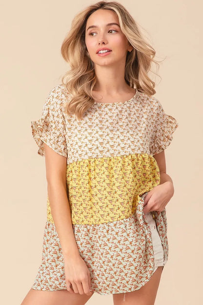 BiBi Flroal Printed Woven Color Block and Tiered Top