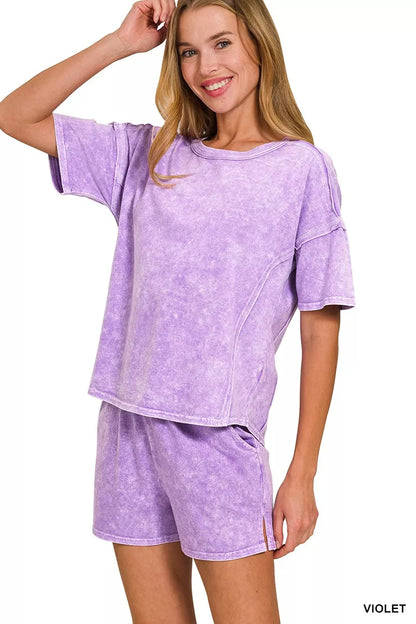 Zenana Halo Snow Washed Short Sleeve Tee and Shorts Set