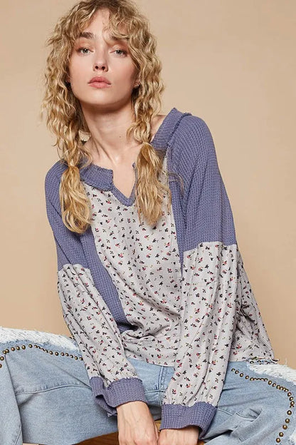 POL Waffle Knit Floral Notched Long Sleeve Top