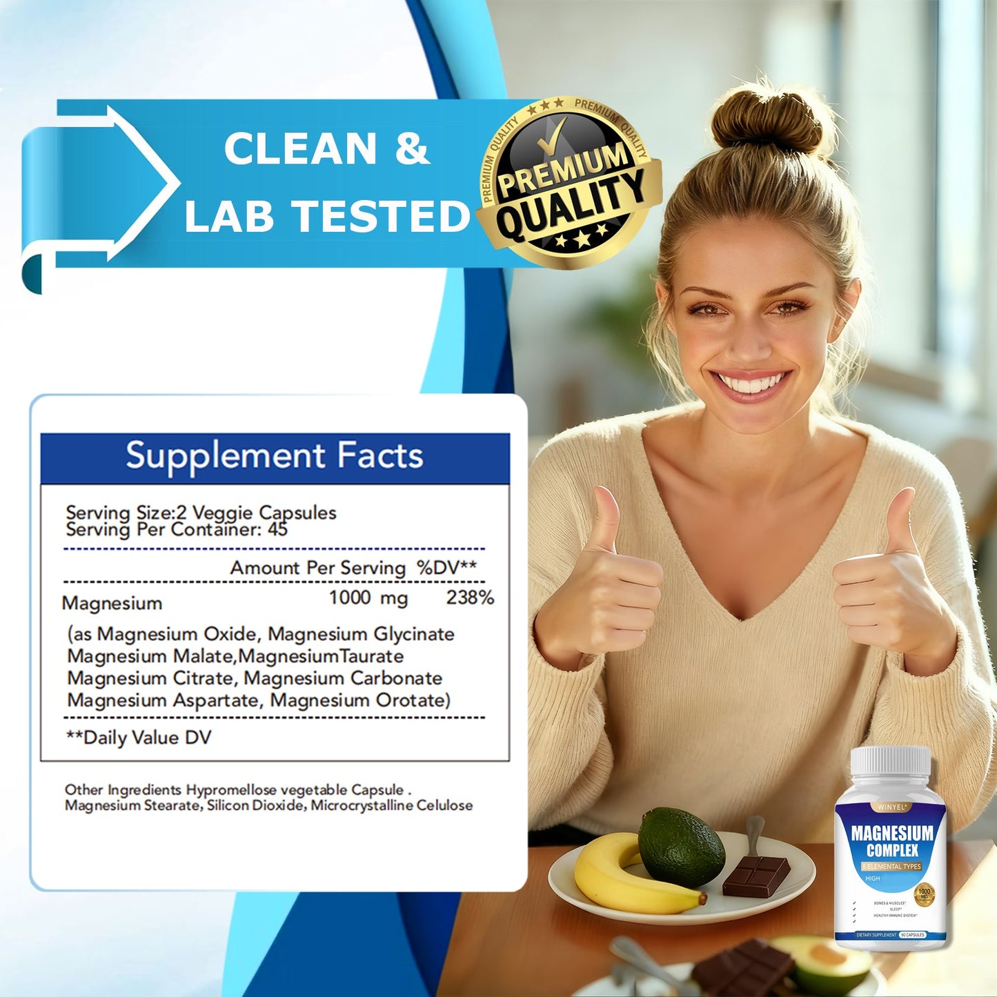 MAGNESIUM COMPLEX Wellness Capsules With Malate & Glycinate And 8 ELEMENTAL MAGNESIUM, Supports Health 90 Capsules, Dietary Supplement.