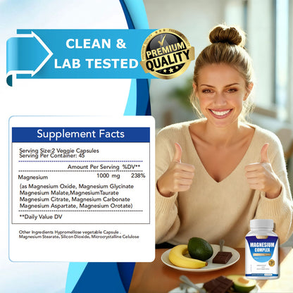 MAGNESIUM COMPLEX Wellness Capsules With Malate & Glycinate And 8 ELEMENTAL MAGNESIUM, Supports Health 90 Capsules, Dietary Supplement.