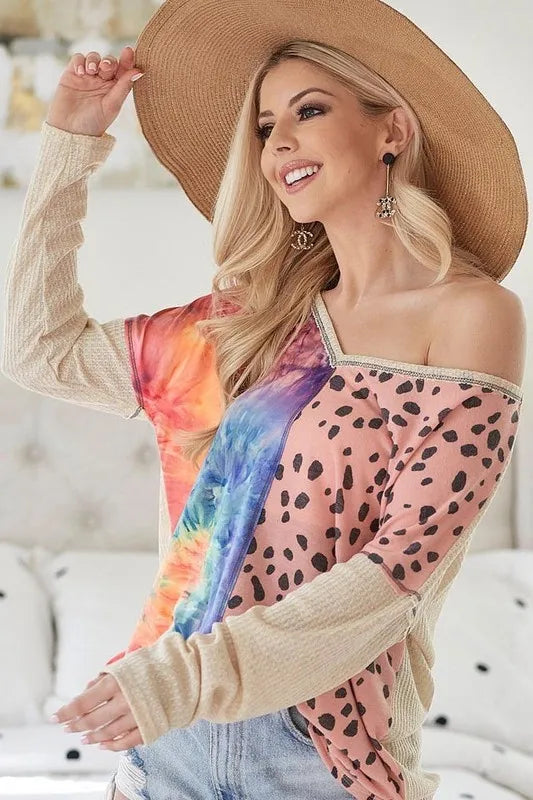 BiBi Print Block V Neck Top with Contrast Stitching