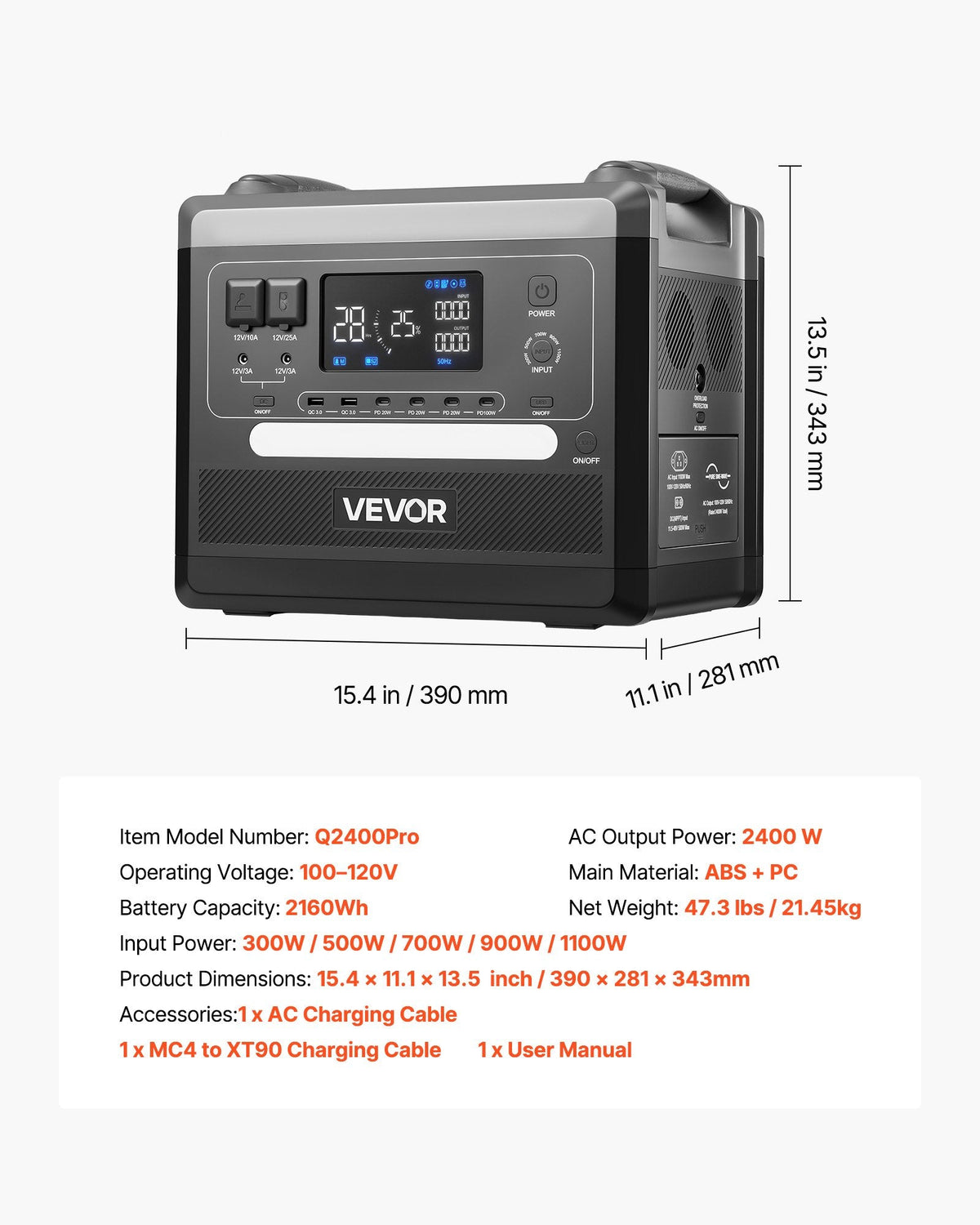 Portable Power Station, 2400W 2160Wh Power Station Solar Generator With 10 Output Ports & Adjustable Input Power, Expandable LiFePO4 Battery Backup For Home Camping RV (Solar Panel NOT Included)