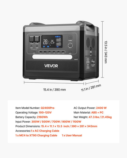 Portable Power Station, 2400W 2160Wh Power Station Solar Generator With 10 Output Ports & Adjustable Input Power, Expandable LiFePO4 Battery Backup For Home Camping RV (Solar Panel NOT Included)