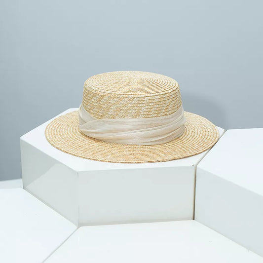Straw Boater Hat with Ribbon Accent