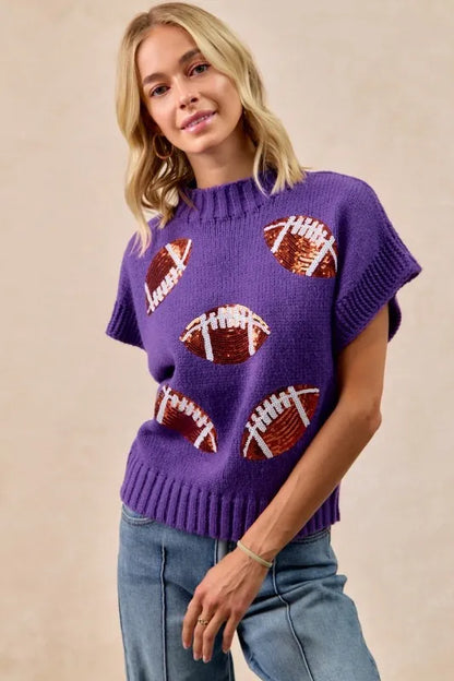 BiBi Gameday Sequin Football Patches Rib Banded Sweater