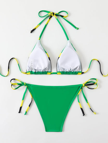 Women's Jamaica Flag Print Triangle Bikini Set, Halter Tie Top & Side Tie High Cut Bottom, 2 Piece Caribbean Swimsui