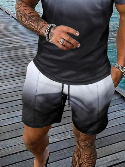 Men's Full Size Gradient Collared Neck Top and Shorts Set Plus Size