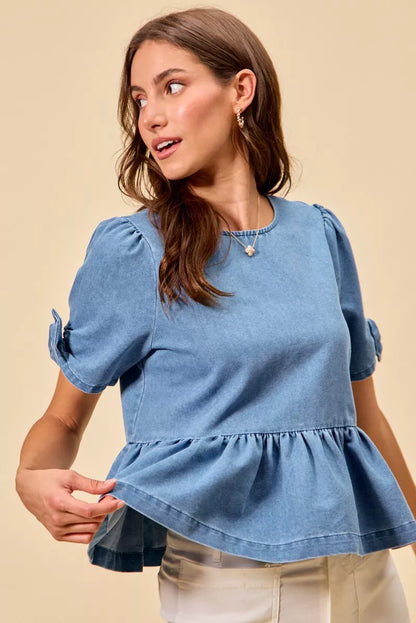 SO ME Denim Bow Detail Short Sleeves Peplum Top