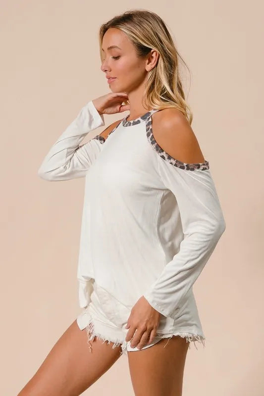 BiBi Jersey Knit Cold Shoulder Top with Leopard Neck