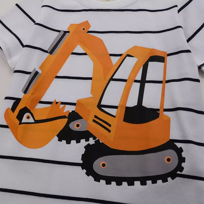 Children's Striped Excavator Round Neck T-Shirt