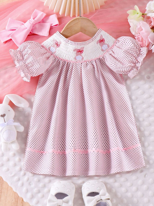 Children's Bunny Embroidered Polka Dot Dress
