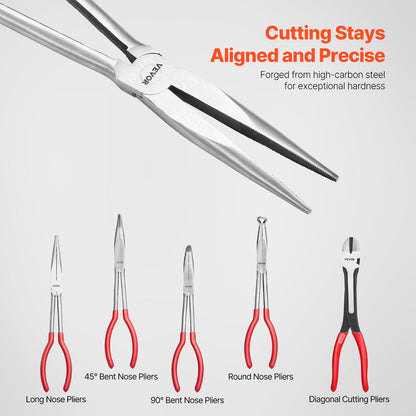 5-Piece Needle Nose Pliers, 11 In Long Needle Nose Pliers Set, Diagonal Cutting Pliers, 45°/ 90° Bent Nose Plier, Round Nose Plier, Long Nose Plier, Professional Pliers Set With Storage Bag