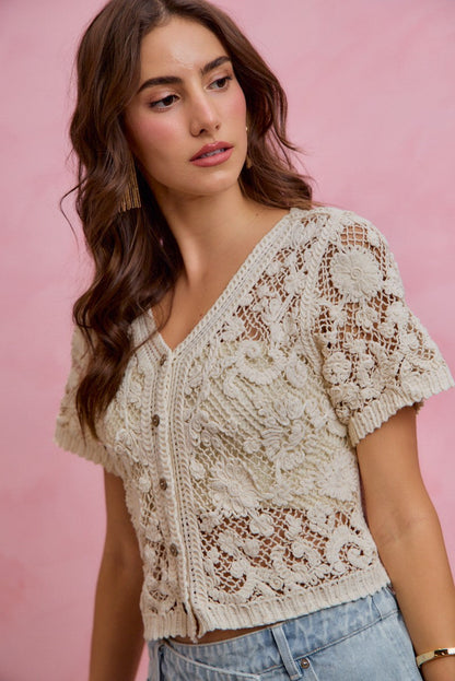 SO ME Floral Crochet Lace Button Down Cardigan