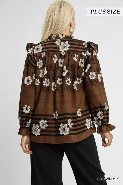 Umgee Full Size Mix Floral Smocked Ruffle Blouse Plus Size