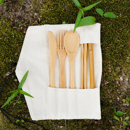 Bamboo Travel Cutlery & Cotton Pouch Set