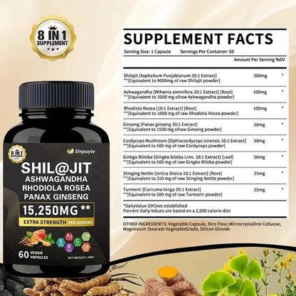 15-in-1 Sea Moss & 8-in-1 Shilajit Ashwagandha Supplement Bundle Energy Mood Support 60 Capsules Each
