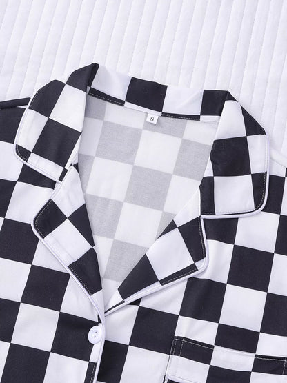 Checkered Print Button Up Top and Shorts Lounge Set