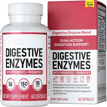 Digestive Enzymes With Prebiotics & Probiotics - 16-in-1 Multi-Enzyme Blend, 1 Billion CFU Probiotics, Supports Food Breakdown, Bloating Relief & Gut Function, 60 Capsules