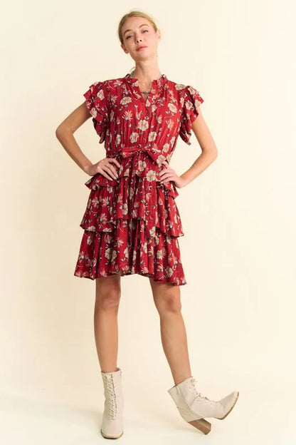 Davi & Dani Ruffle Flutter Sleeve Tie Belt Tiered Mini Dress