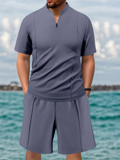 Men's Full Size Zip Front Short Sleeve Top and Shorts Set Plus Size