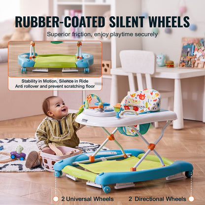 4-in-1 Baby Walker, Foldable Baby Activity Center On Wheels, 3 Adjustable Height, Music  Toys Tray, Learning-Seated Walk-Behind  Rocker Bouncer Toddler Walker For Girls Boys 6-24 Months