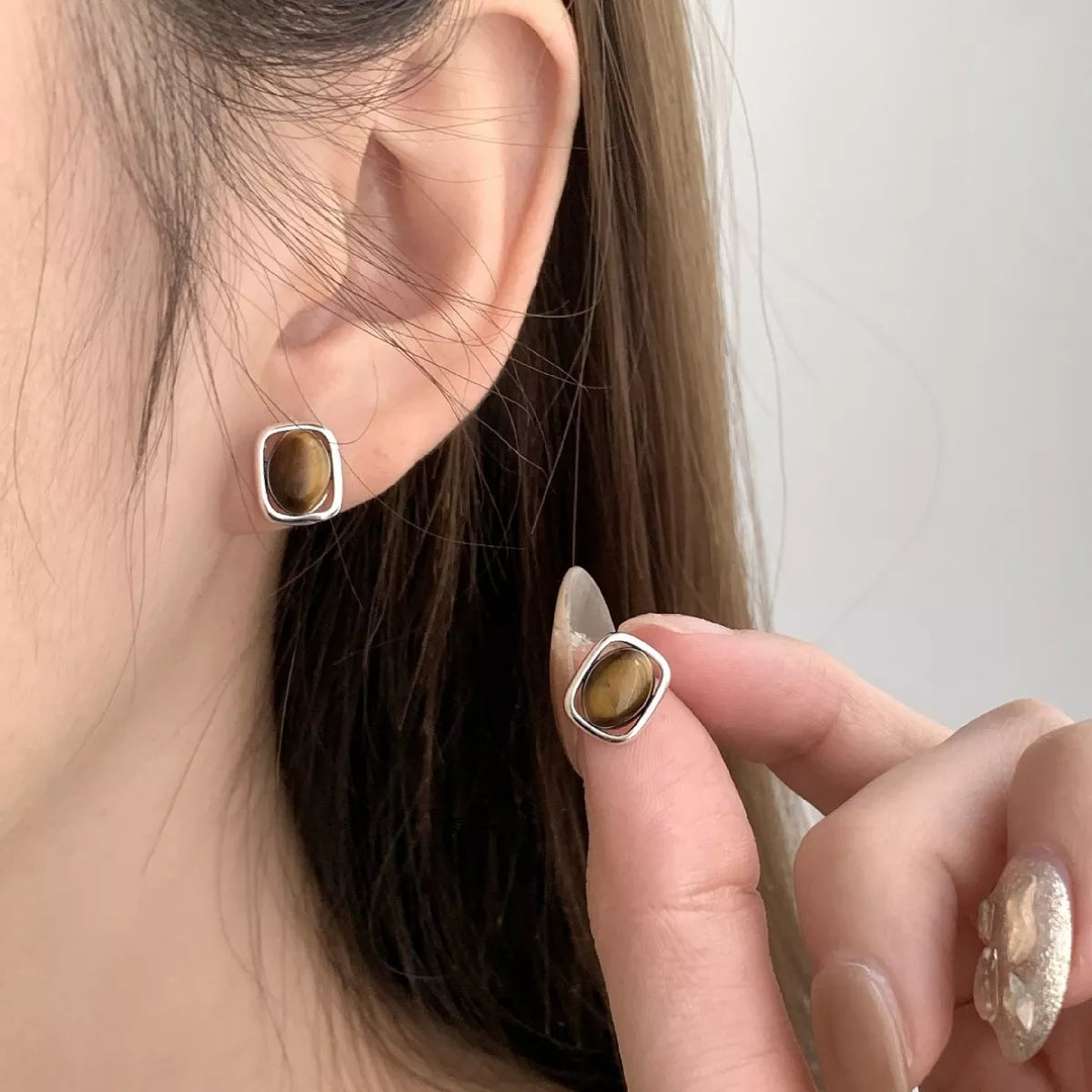 Square Tiger Eye Stud Earrings
