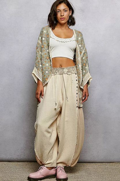 POL Open Front Floral Pattern Crochet Cardigan