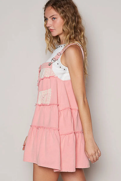 POL Lace Patchwork Detail Denim Overall Dress