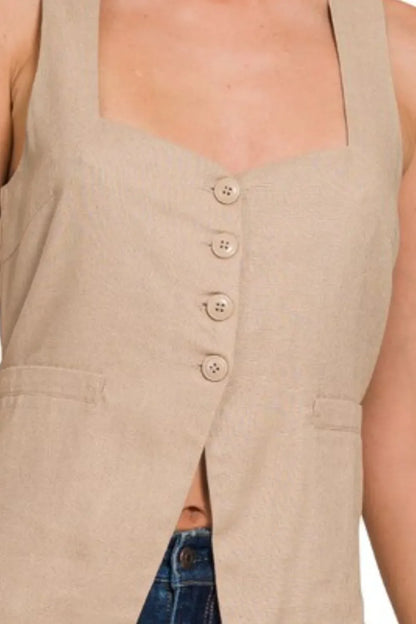 Zenana Linen Tie-back 4-button Vest with Lining