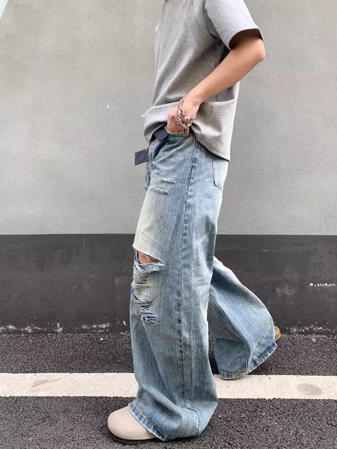 Men's Full Size Distressed Wide Leg Jeans Plus Size