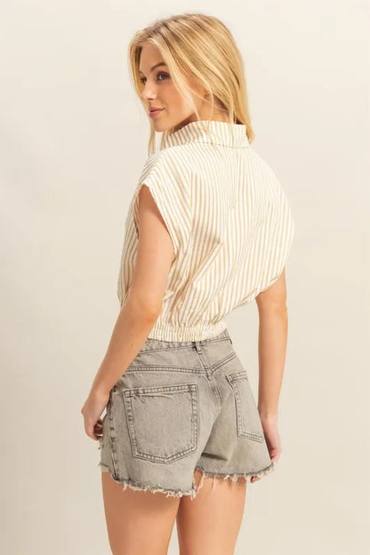 HYFVE Striped Elastic Hem Johnny Collar Cap Sleeve Blouse