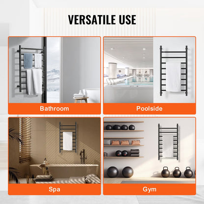 VEVOR 8 Bars Towel Warmer Rack Wall Mounted Heated Towel Rack For Bathroom Black