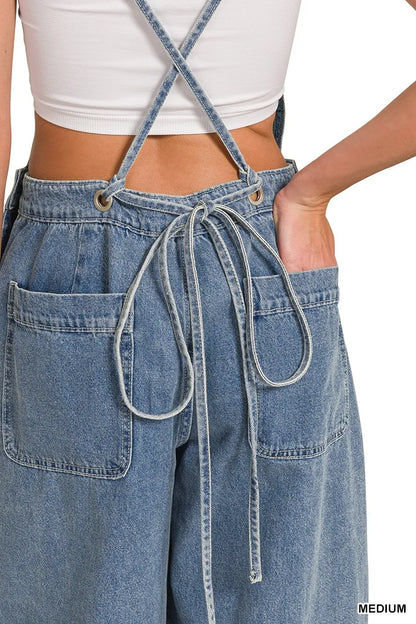 Zenana Denim Medium Washed Wide Leg Overalls