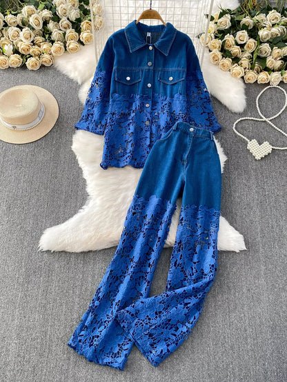Lace Patchwork Shacket and Pants Set