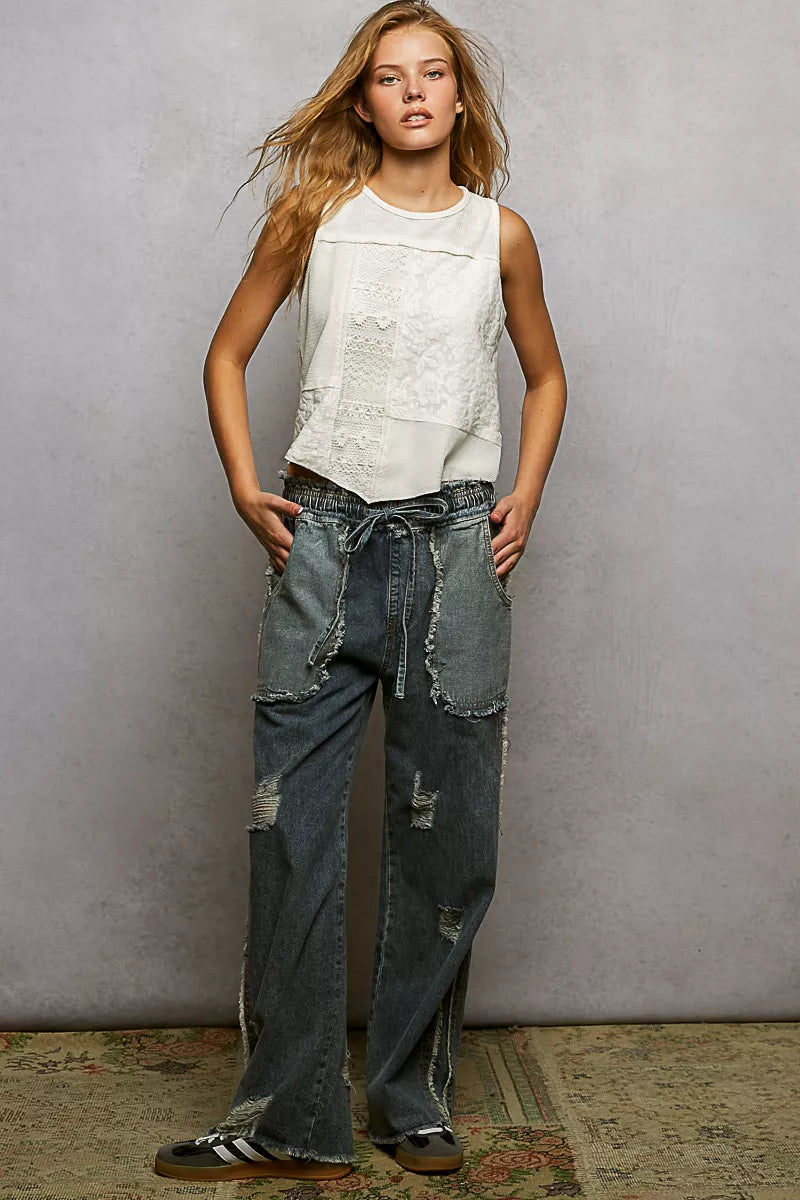 POL Ribbed Round Neck Cropped Tank with Lace Detail