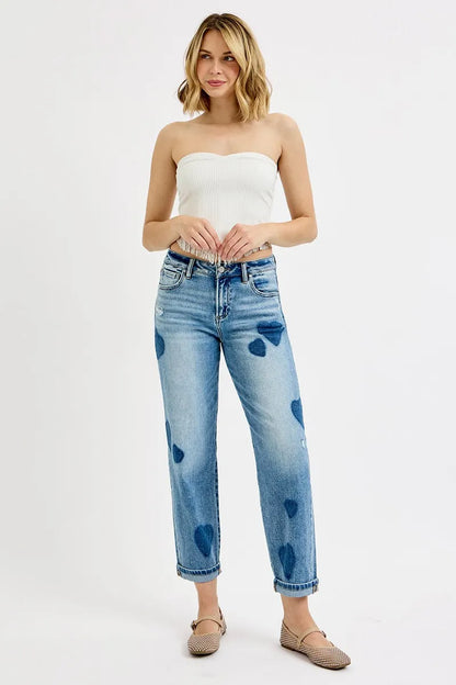 RISEN Full Size Mid Rise Fit-boyfriend Heart Shade Jeans Plus Size