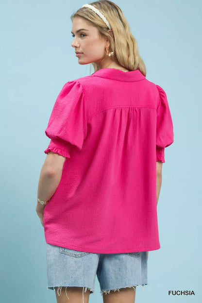 Umgee Seersucker Puff Sleeve Blouse