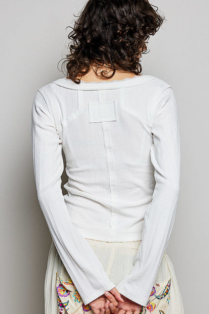 POL V-Neck Long Sleeve Ribbed Top with Lace-Accent Neckband