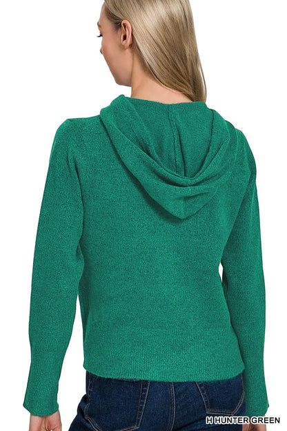 Zenana Drawstring Zip Up Hooded Cardigan